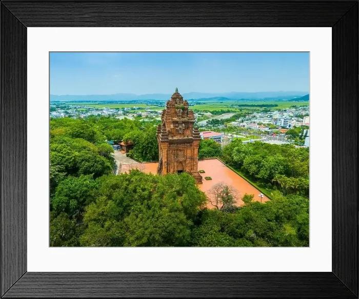 Framed Print : Aerial view of Nhan temple, tower is an artistic architectural work of Champa people in Tuy Hoa city Framed Print : Aerial view of Nhan temple, tower is an artistic architectural work of Champa people in Tuy Hoa city