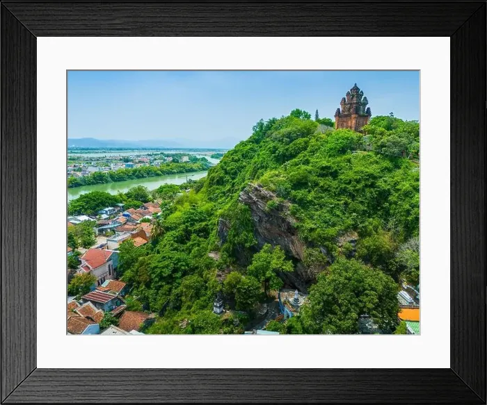 Framed Print : Aerial view of Nhan temple, tower is an artistic architectural work of Champa people in Tuy Hoa city Framed Print : Aerial view of Nhan temple, tower is an artistic architectural work of Champa people in Tuy Hoa city