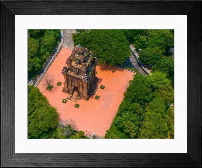 Framed Print : Aerial view of Nhan temple, tower is an artistic architectural work of Champa people in Tuy Hoa city Framed Print : Aerial view of Nhan temple, tower is an artistic architectural work of Champa people in Tuy Hoa city