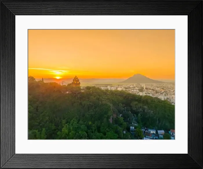 Framed Print : Aerial view of Nhan temple, tower is an artistic architectural work of Champa people in Tuy Hoa city Framed Print : Aerial view of Nhan temple, tower is an artistic architectural work of Champa people in Tuy Hoa city