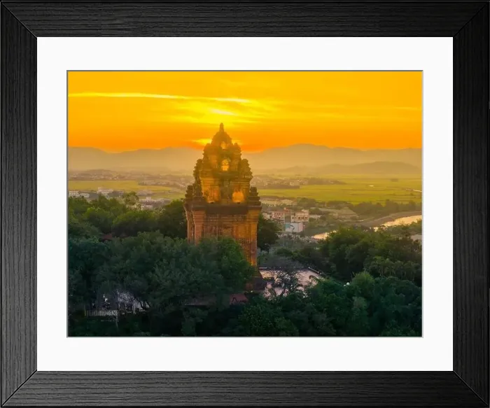 Framed Print : Aerial view of Nhan temple, tower is an artistic architectural work of Champa people in Tuy Hoa city Framed Print : Aerial view of Nhan temple, tower is an artistic architectural work of Champa people in Tuy Hoa city