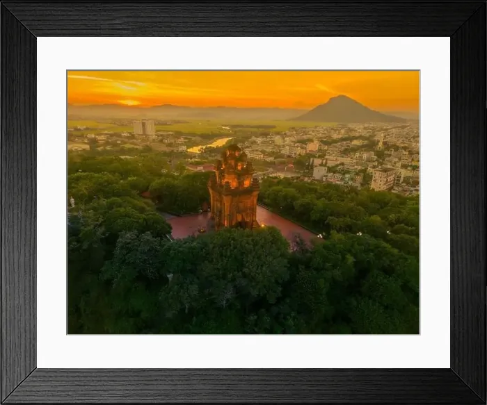 Framed Print : Aerial view of Nhan temple, tower is an artistic architectural work of Champa people in Tuy Hoa city Framed Print : Aerial view of Nhan temple, tower is an artistic architectural work of Champa people in Tuy Hoa city