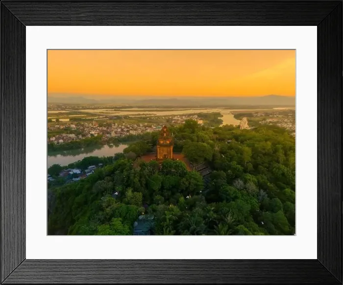 Framed Print : Aerial view of Nhan temple, tower is an artistic architectural work of Champa people in Tuy Hoa city Framed Print : Aerial view of Nhan temple, tower is an artistic architectural work of Champa people in Tuy Hoa city
