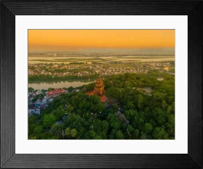 Framed Print : Aerial view of Nhan temple, tower is an artistic architectural work of Champa people in Tuy Hoa city Framed Print : Aerial view of Nhan temple, tower is an artistic architectural work of Champa people in Tuy Hoa city