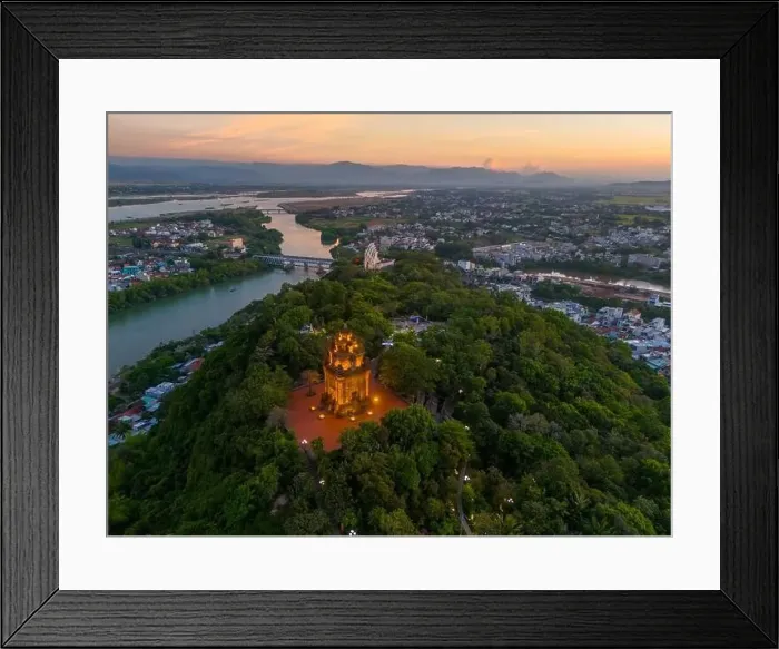 Framed Print : Aerial view of Nhan temple, tower is an artistic architectural work of Champa people in Tuy Hoa city Framed Print : Aerial view of Nhan temple, tower is an artistic architectural work of Champa people in Tuy Hoa city