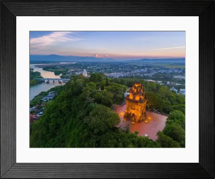 Framed Print : Aerial view of Nhan temple, tower is an artistic architectural work of Champa people in Tuy Hoa city Framed Print : Aerial view of Nhan temple, tower is an artistic architectural work of Champa people in Tuy Hoa city