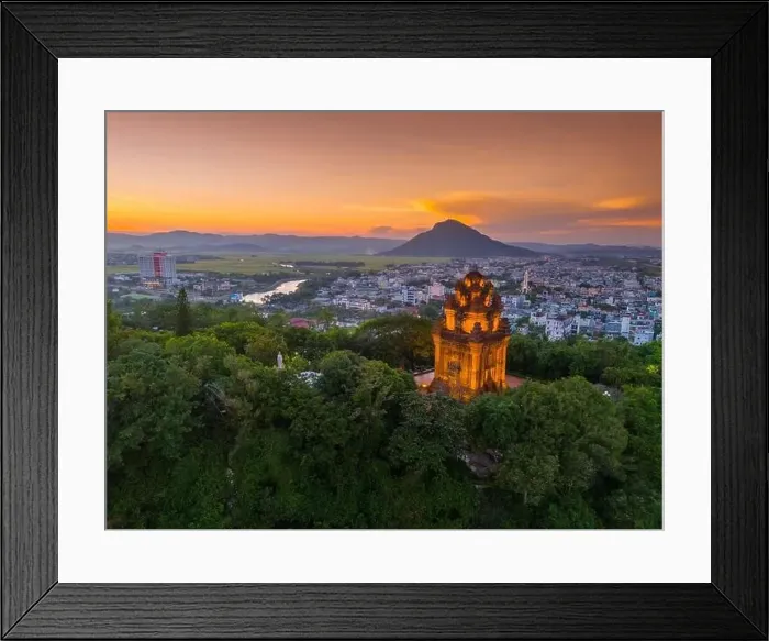 Framed Print : Aerial view of Nhan temple, tower is an artistic architectural work of Champa people in Tuy Hoa city Framed Print : Aerial view of Nhan temple, tower is an artistic architectural work of Champa people in Tuy Hoa city