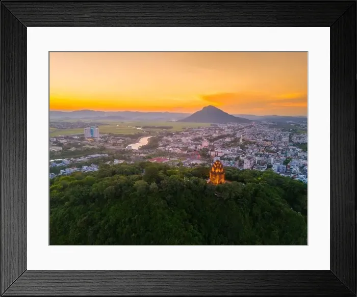 Framed Print : Aerial view of Nhan temple, tower is an artistic architectural work of Champa people in Tuy Hoa city Framed Print : Aerial view of Nhan temple, tower is an artistic architectural work of Champa people in Tuy Hoa city
