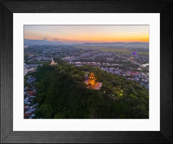 Framed Print : Aerial view of Nhan temple, tower is an artistic architectural work of Champa people in Tuy Hoa city Framed Print : Aerial view of Nhan temple, tower is an artistic architectural work of Champa people in Tuy Hoa city