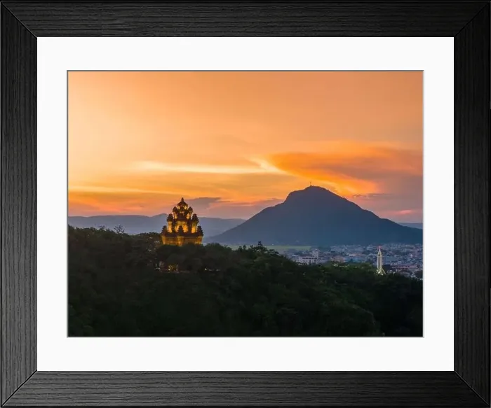 Framed Print : Aerial view of Nhan temple, tower is an artistic architectural work of Champa people in Tuy Hoa city Framed Print : Aerial view of Nhan temple, tower is an artistic architectural work of Champa people in Tuy Hoa city
