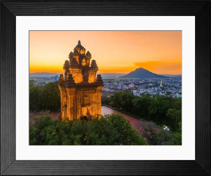Framed Print : Aerial view of Nhan temple, tower is an artistic architectural work of Champa people in Tuy Hoa city Framed Print : Aerial view of Nhan temple, tower is an artistic architectural work of Champa people in Tuy Hoa city