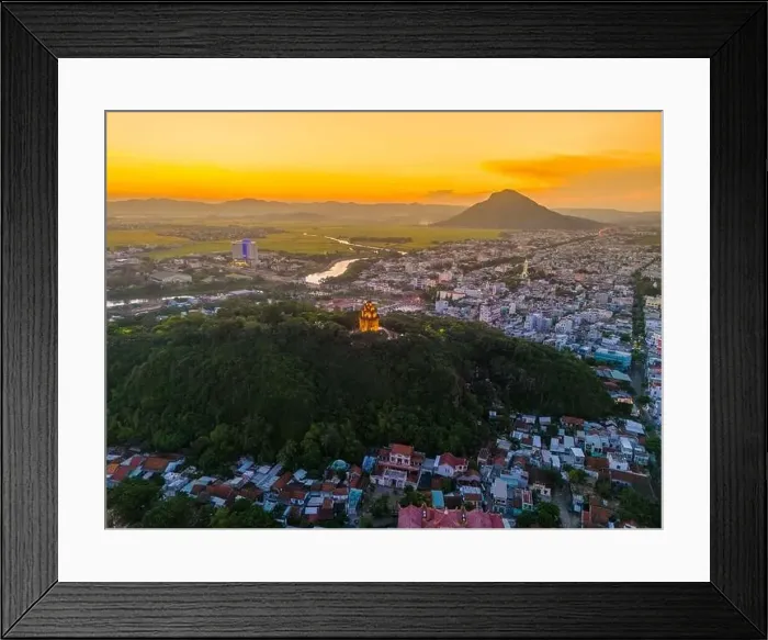 Framed Print : Aerial view of Nhan temple, tower is an artistic architectural work of Champa people in Tuy Hoa city Framed Print : Aerial view of Nhan temple, tower is an artistic architectural work of Champa people in Tuy Hoa city