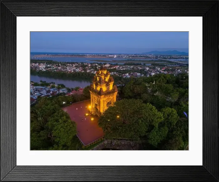 Framed Print : Aerial view of Nhan temple, tower is an artistic architectural work of Champa people in Tuy Hoa city Framed Print : Aerial view of Nhan temple, tower is an artistic architectural work of Champa people in Tuy Hoa city