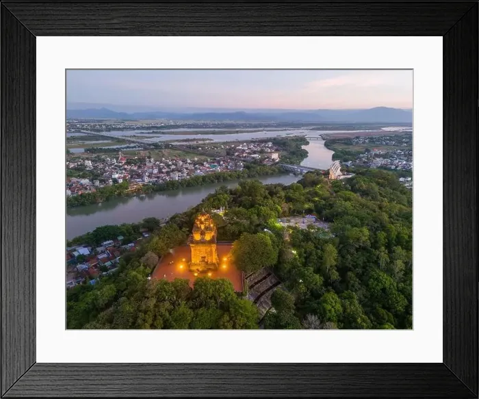 Framed Print : Aerial view of Nhan temple, tower is an artistic architectural work of Champa people in Tuy Hoa city Framed Print : Aerial view of Nhan temple, tower is an artistic architectural work of Champa people in Tuy Hoa city