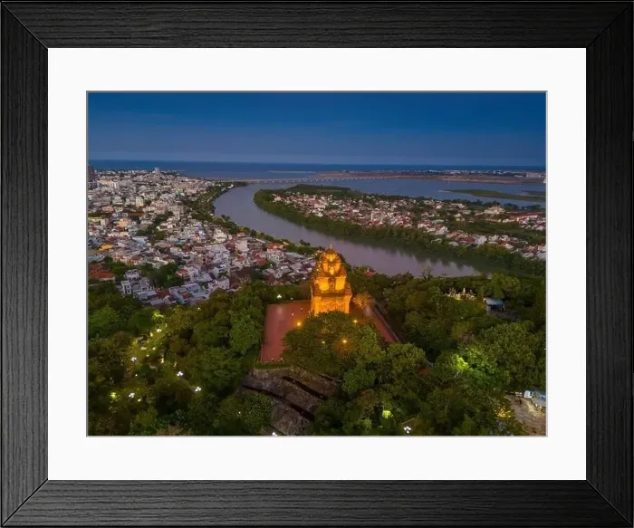Framed Print : Aerial view of Nhan temple, tower is an artistic architectural work of Champa people in Tuy Hoa city Framed Print : Aerial view of Nhan temple, tower is an artistic architectural work of Champa people in Tuy Hoa city