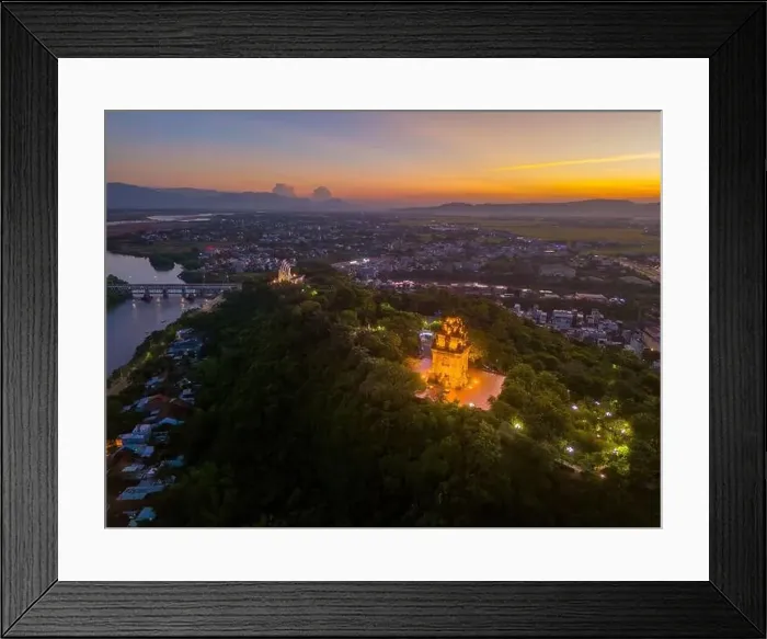 Framed Print : Aerial view of Nhan temple, tower is an artistic architectural work of Champa people in Tuy Hoa city Framed Print : Aerial view of Nhan temple, tower is an artistic architectural work of Champa people in Tuy Hoa city