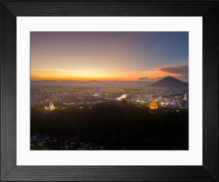 Framed Print : Aerial view of Nhan temple, tower is an artistic architectural work of Champa people in Tuy Hoa city Framed Print : Aerial view of Nhan temple, tower is an artistic architectural work of Champa people in Tuy Hoa city