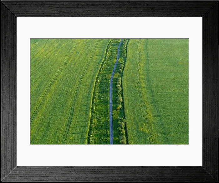 Framed Print : Picturesque landscape of green fields and road, greenery, meadows and trees. Clear, sunny day. View from above Framed Print : Picturesque landscape of green fields and road, greenery, meadows and trees. Clear, sunny day. View from above