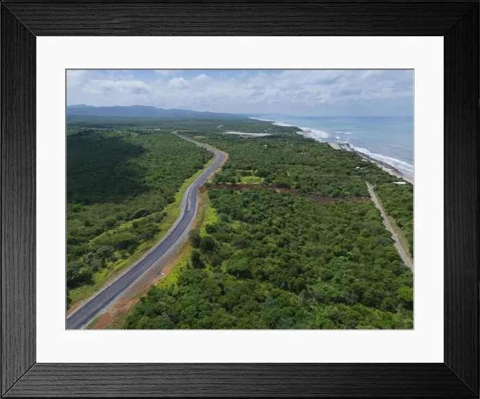 Framed Print : Coastline landscape road next ocean beach aerial drone view Framed Print : Coastline landscape road next ocean beach aerial drone view