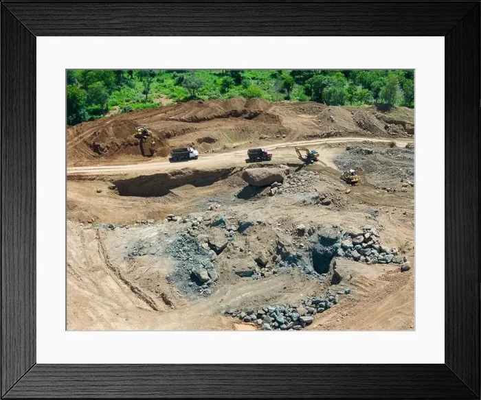 Framed Print : Heavy truck at quarry work aerial above top drone view Framed Print : Heavy truck at quarry work aerial above top drone view
