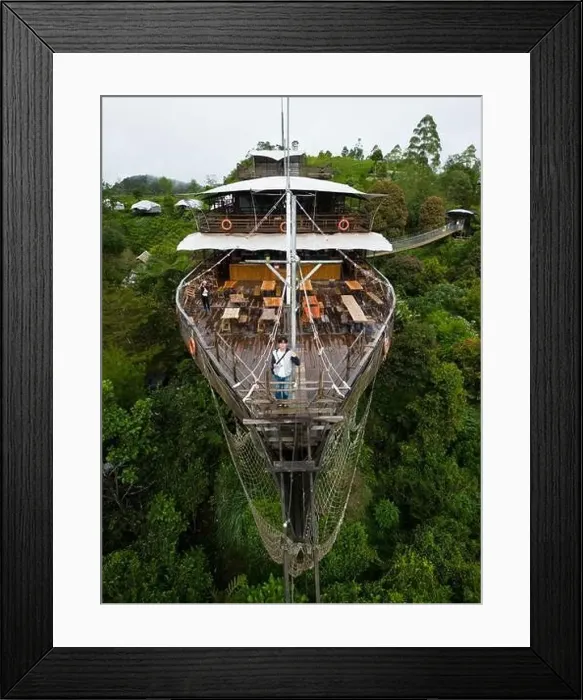 Framed Print : Asian Tourist Posing on Deck of Large Wooden Ship Restaurant in Lembang Forest Framed Print : Asian Tourist Posing on Deck of Large Wooden Ship Restaurant in Lembang Forest
