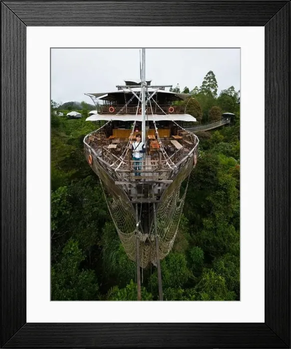 Framed Print : Asian Tourist Posing on Deck of Large Wooden Ship Restaurant in Lembang Forest Framed Print : Asian Tourist Posing on Deck of Large Wooden Ship Restaurant in Lembang Forest