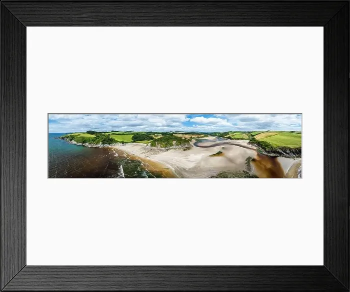 Framed Print : Panorama of Cliffs over Mothecombe Beach and Red Cove from a drone Framed Print : Panorama of Cliffs over Mothecombe Beach and Red Cove from a drone