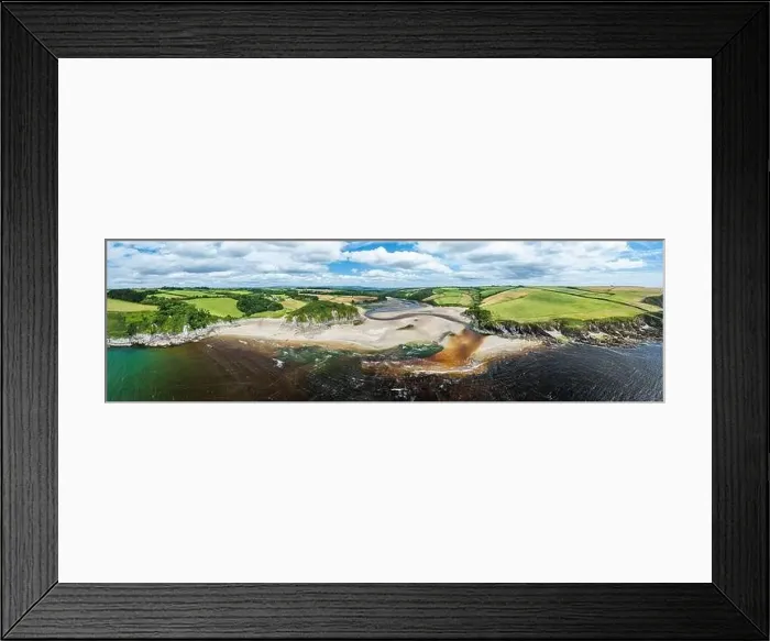 Framed Print : Panorama of Cliffs over Mothecombe Beach and Red Cove from a drone Framed Print : Panorama of Cliffs over Mothecombe Beach and Red Cove from a drone