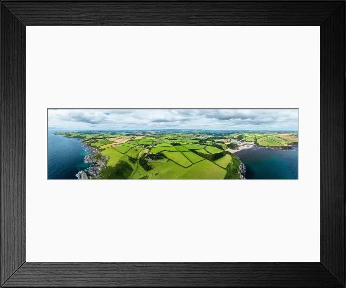 Framed Print : Panorama of Cliffs over Mothecombe Beach and Red Cove from a drone Framed Print : Panorama of Cliffs over Mothecombe Beach and Red Cove from a drone