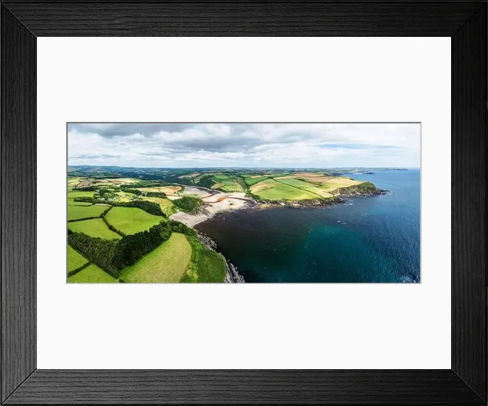 Framed Print : Panorama of Cliffs over Mothecombe Beach and Red Cove from a drone Framed Print : Panorama of Cliffs over Mothecombe Beach and Red Cove from a drone