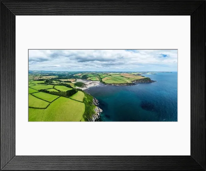 Framed Print : Panorama of Cliffs over Mothecombe Beach and Red Cove from a drone Framed Print : Panorama of Cliffs over Mothecombe Beach and Red Cove from a drone
