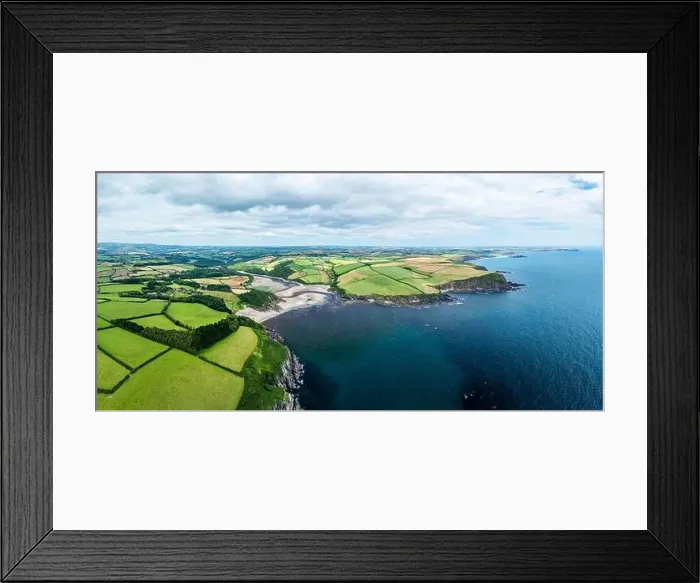 Framed Print : Panorama of Cliffs over Mothecombe Beach and Red Cove from a drone Framed Print : Panorama of Cliffs over Mothecombe Beach and Red Cove from a drone