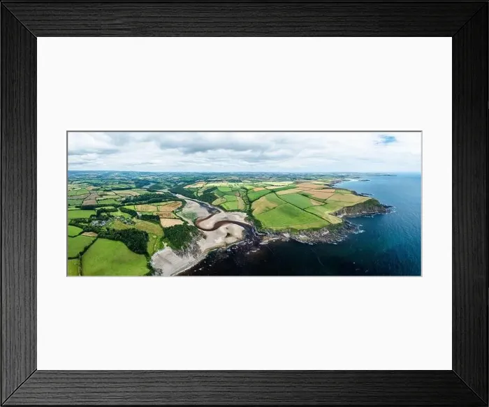 Framed Print : Panorama of Cliffs over Mothecombe Beach and Red Cove from a drone Framed Print : Panorama of Cliffs over Mothecombe Beach and Red Cove from a drone
