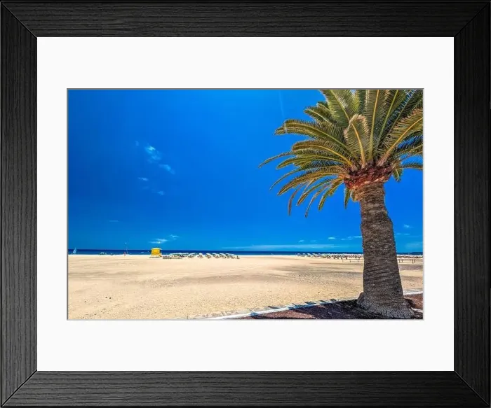 Framed Print : White sandy beach and blue water in Morro Jable, south of Fuerteventura, Canary islands, Spain Framed Print : White sandy beach and blue water in Morro Jable, south of Fuerteventura, Canary islands, Spain