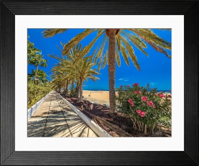 Framed Print : White sandy beach and blue water in Morro Jable, south of Fuerteventura, Canary islands, Spain Framed Print : White sandy beach and blue water in Morro Jable, south of Fuerteventura, Canary islands, Spain