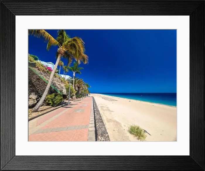 Framed Print : White sandy beach and blue water in Morro Jable, south of Fuerteventura, Canary islands, Spain Framed Print : White sandy beach and blue water in Morro Jable, south of Fuerteventura, Canary islands, Spain