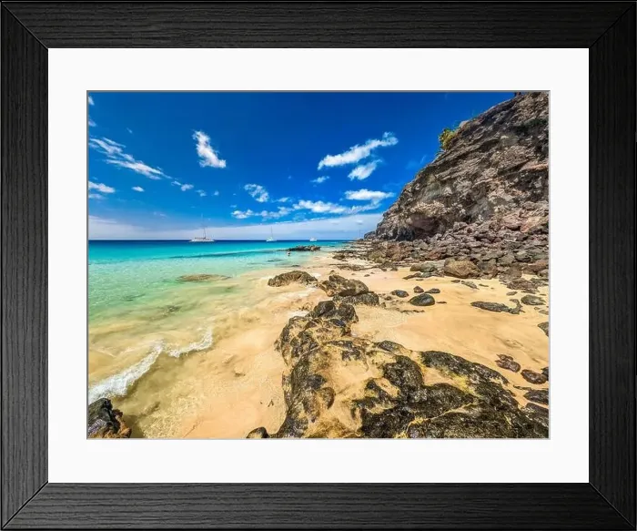 Framed Print : White sandy beach and blue water in Morro Jable, south of Fuerteventura, Canary islands, Spain Framed Print : White sandy beach and blue water in Morro Jable, south of Fuerteventura, Canary islands, Spain