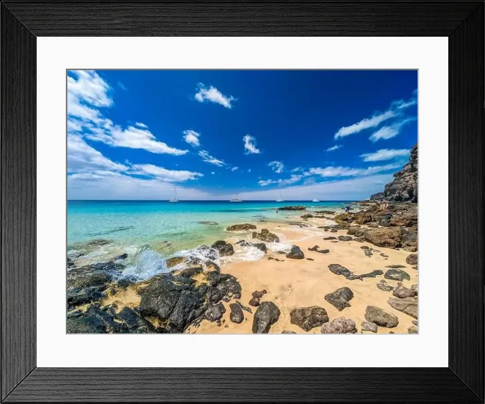 Framed Print : White sandy beach and blue water in Morro Jable, south of Fuerteventura, Canary islands, Spain Framed Print : White sandy beach and blue water in Morro Jable, south of Fuerteventura, Canary islands, Spain