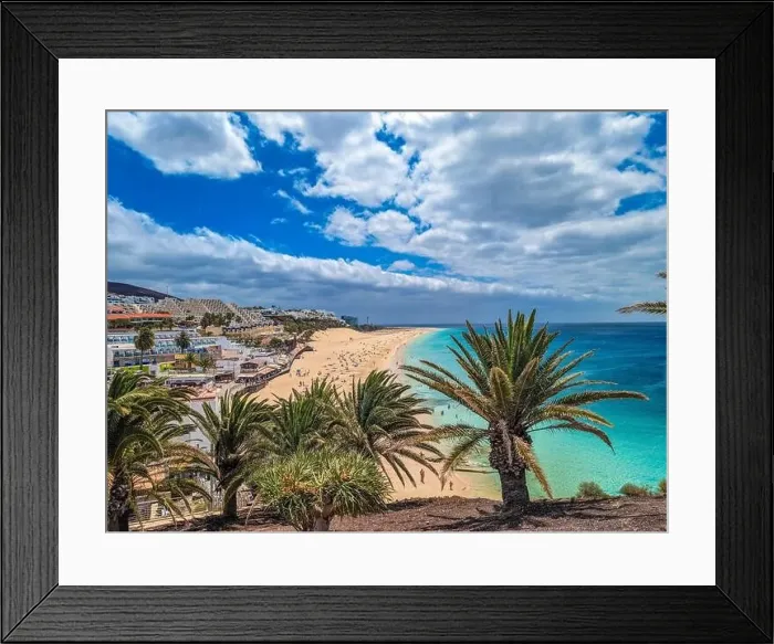 Framed Print : White sandy beach and blue water in Morro Jable, south of Fuerteventura, Canary islands, Spain Framed Print : White sandy beach and blue water in Morro Jable, south of Fuerteventura, Canary islands, Spain