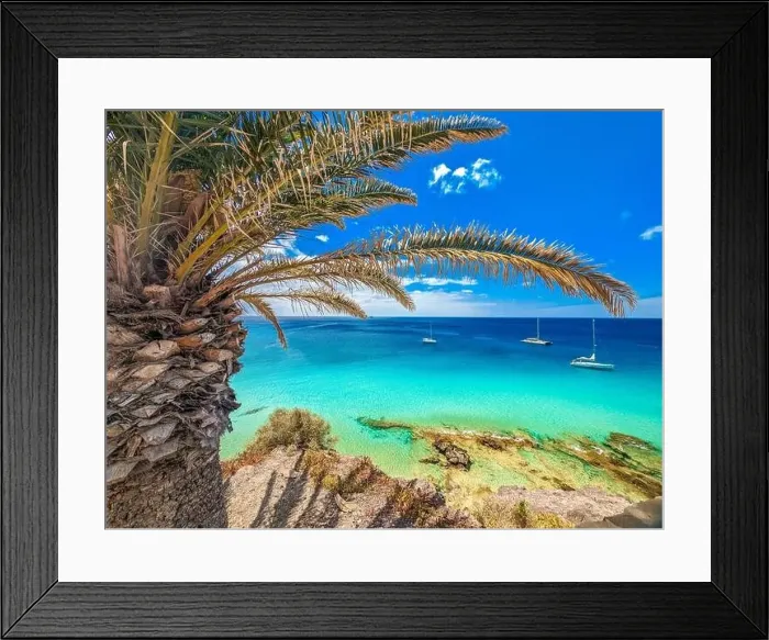 Framed Print : White sandy beach and blue water in Morro Jable, south of Fuerteventura, Canary islands, Spain Framed Print : White sandy beach and blue water in Morro Jable, south of Fuerteventura, Canary islands, Spain