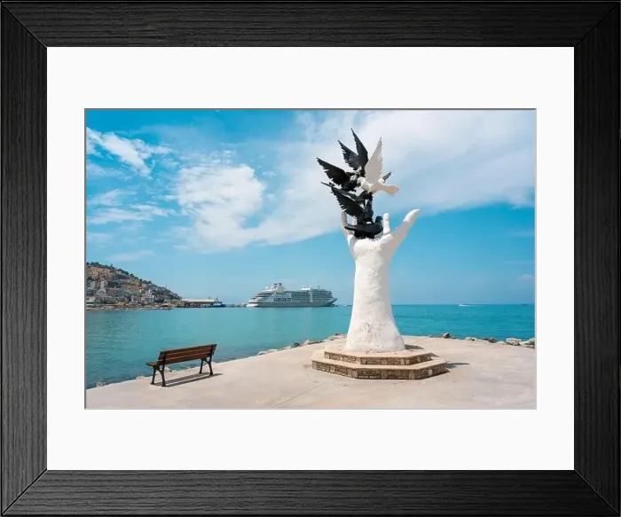Framed Print : Aydin Kusadasi, Turkey - 4 July 2024: Hand of Peace Sculpture and cruise ship behind it in Kusadasi Aydin Framed Print : Aydin Kusadasi, Turkey - 4 July 2024: Hand of Peace Sculpture and cruise ship behind it in Kusadasi Aydin