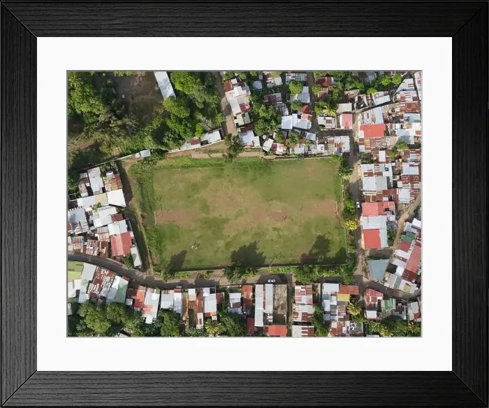Framed Print : Rural grass soccer field above top drone view Framed Print : Rural grass soccer field above top drone view