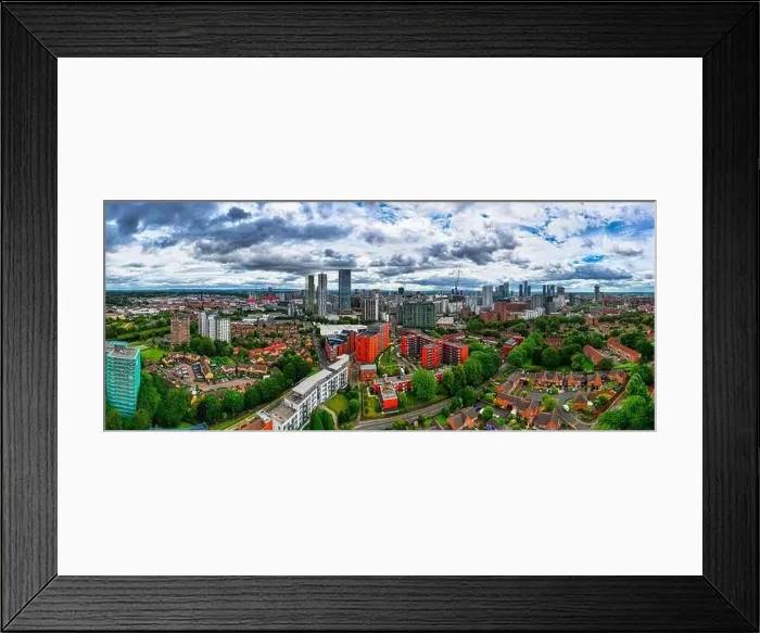 Framed Print : Aerial view of Manchester cityscape with skyscrapers and construction sites