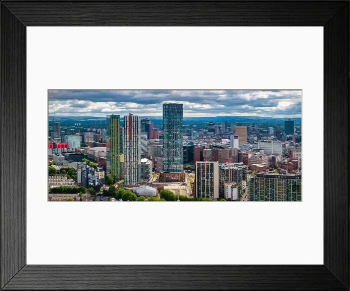 Framed Print : Aerial view of Manchester cityscape with skyscrapers and construction sites Framed Print : Aerial view of Manchester cityscape with skyscrapers and construction sites