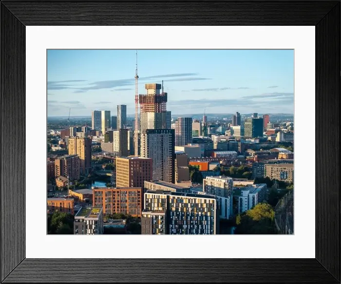 Framed Print : Aerial image of Trinity Islands skyscraper cluster in Manchester UK and Manchester skyline on the background Framed Print : Aerial image of Trinity Islands skyscraper cluster in Manchester UK and Manchester skyline on the background