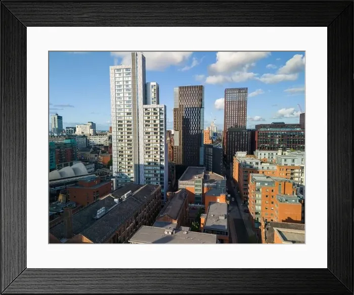 Framed Print : Aerial view of Manchester cityscape with old and new buildings Framed Print : Aerial view of Manchester cityscape with old and new buildings
