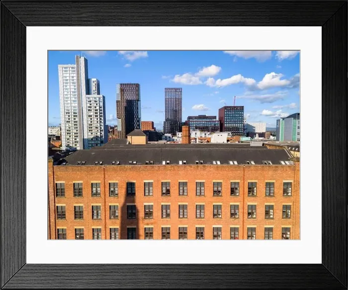 Framed Print : Aerial view of Manchester cityscape with old and new buildings Framed Print : Aerial view of Manchester cityscape with old and new buildings