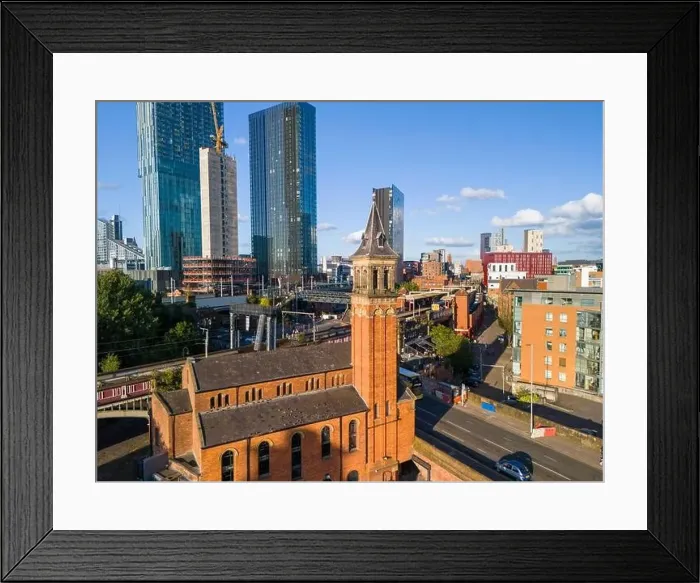 Framed Print : Aerial image over Castlefield Manchester showing Deansgate station and the city skyline Framed Print : Aerial image over Castlefield Manchester showing Deansgate station and the city skyline