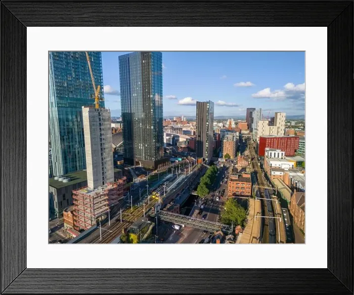 Framed Print : Aerial image over Castlefield Manchester showing Deansgate station and the city skyline Framed Print : Aerial image over Castlefield Manchester showing Deansgate station and the city skyline
