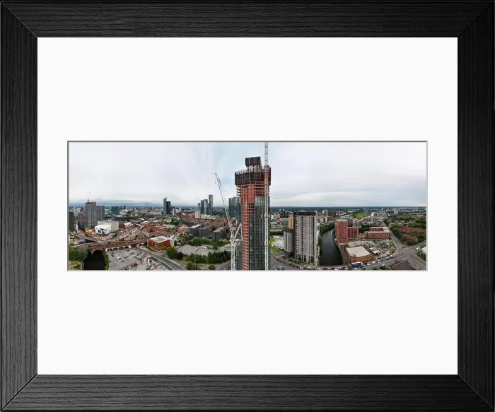 Framed Print : Aerial image of Trinity Islands skyscraper cluster in Manchester UK and Manchester skyline on the background Framed Print : Aerial image of Trinity Islands skyscraper cluster in Manchester UK and Manchester skyline on the background